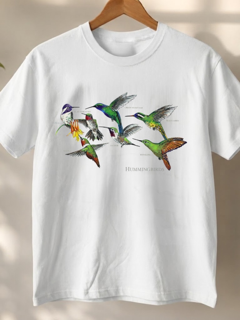 White Tee with Colorful Hummingbirds Graphic | Bird Lover Shirt